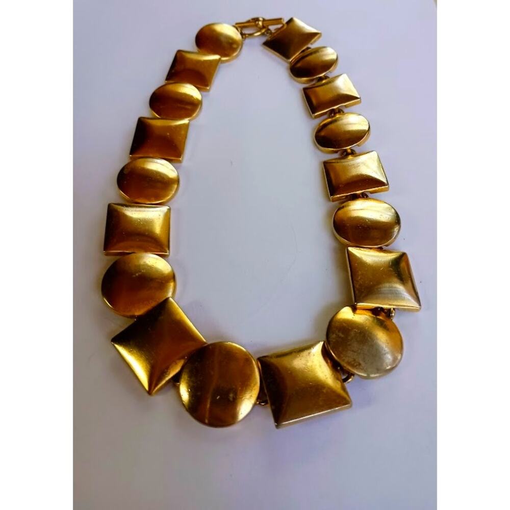 Vintage Anne Klein Squares & Circles Brushed Matte Gold-tone Necklace